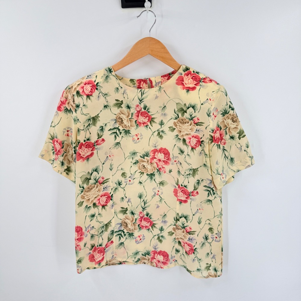 Vintage Christie & Jill 100% Silk Blouse Yellow Floral Size 12 Cottagecore 90s